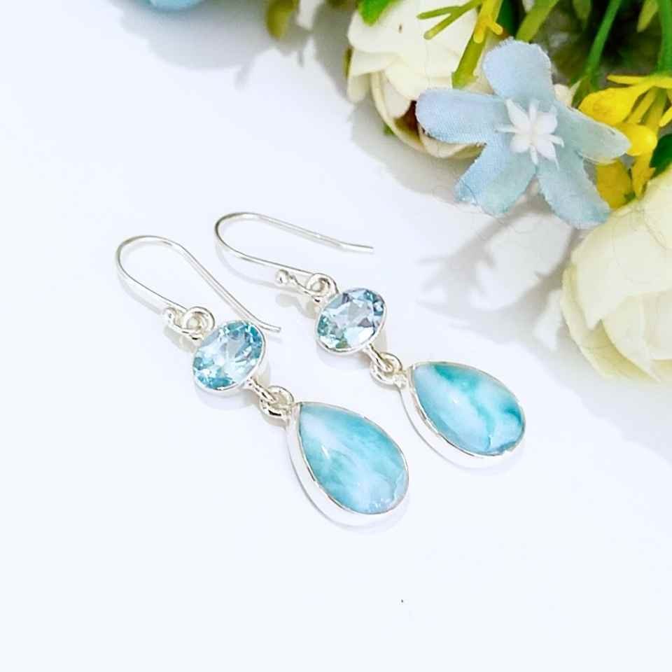 larimar ve topaz doğal taş gümüş küpe 00678