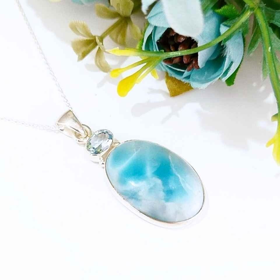 larimar ve topaz taşı doğal taş gümüş kolye 00998